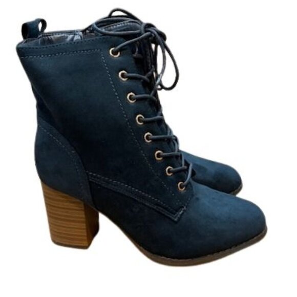 Journee Collection “Baylor” Lace Up Stacked Heel Booties in Blue – Size 7 - Picture 1 of 11